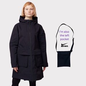 Nike Cargo Parka Small Black Waterproof Long Hooded Rain Jacket Cinch Waist